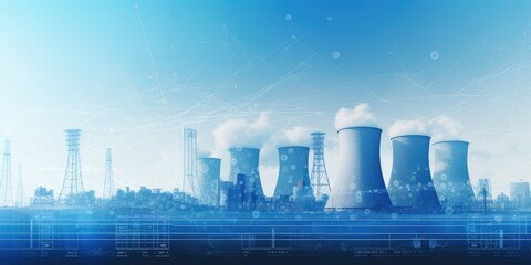 Atomic nuclear reactor and power plant refinery industrial factory with cooling towers or smoke chimney steaming with blue sky background