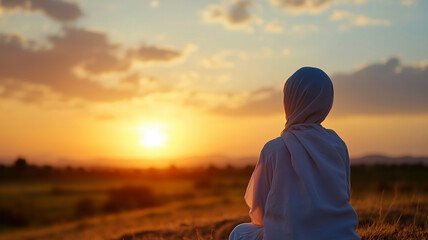 A serene silhouette of a person wearing a hooded cloak, gazing at a stunning sunset over a tranquil landscape.