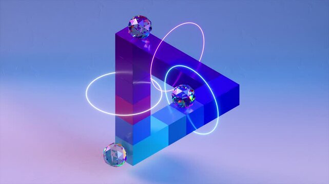 A vibrant 3D geometric structure with glowing orbs, neon rings, and an optical illusion effect, creating a surreal, futuristic vibe.