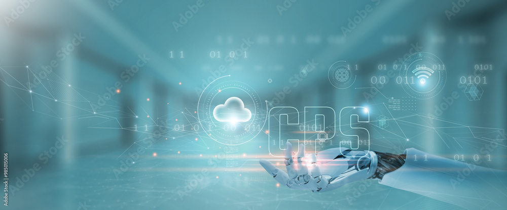 Poster cps concept: cyber-physical systems, automation, connectivity, hands of robot hold cps network, data