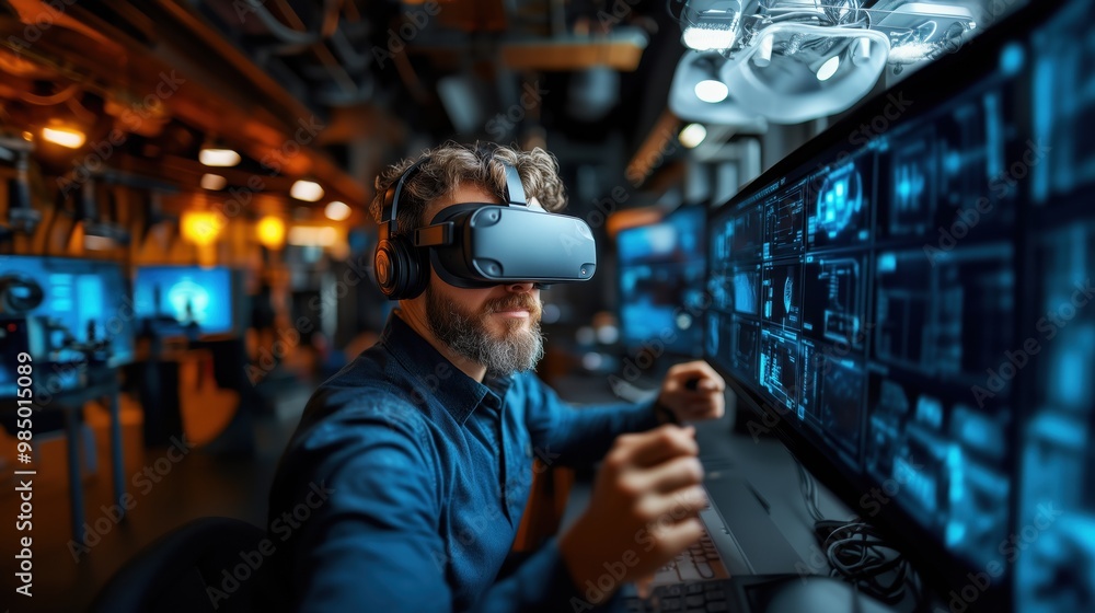 Poster engineers explore the future of virtual reality in a cutting-edge lab, developing next-generation im
