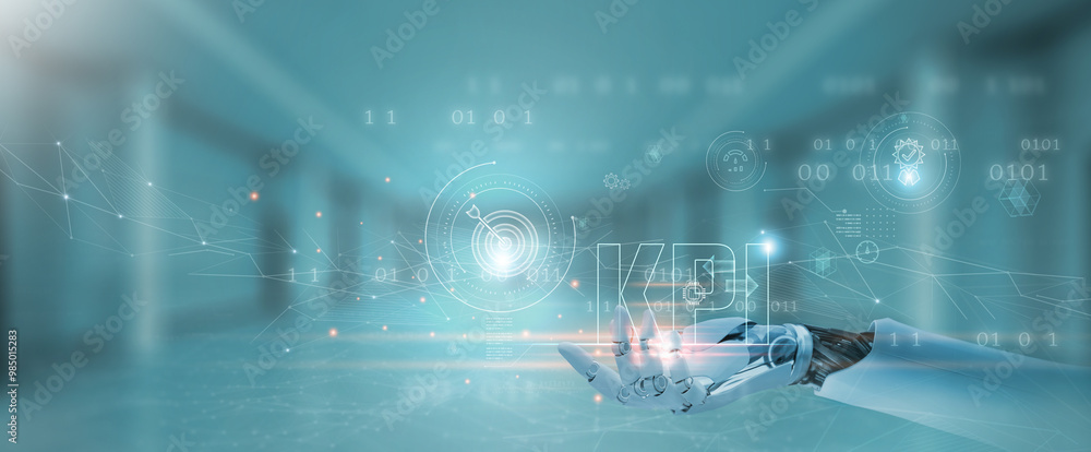 Poster kpi (key performance indicator): performance, metrics, analytics. hands of robot hold kpi network, g