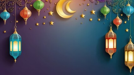 Obraz premium A vibrant illustration featuring decorative lanterns, stars, and a crescent moon, symbolizing cultural celebrations.