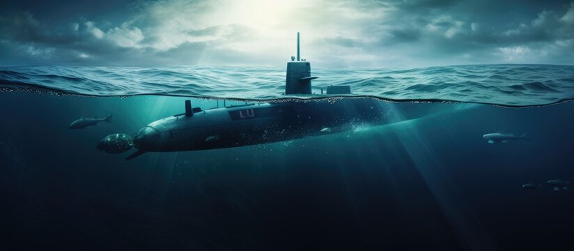 Generic military nuclear submarine floating in the middle of the ocean with a fighter jet, submarine, underwater view