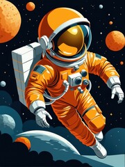 A vibrant illustration of an astronaut in an orange suit floating in space among planets and stars.