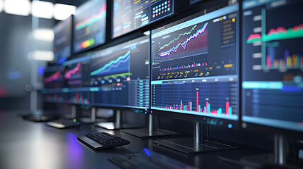 a series of monitors displaying various digital graphs, charts, and analytical data. The graphics include line graphs, bar charts, and numerical data