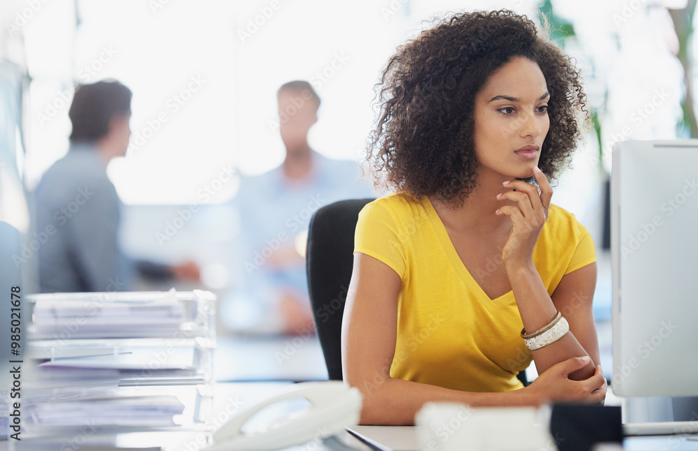 Poster Office, businesswoman and thinking with computer for problem solving, page update and online information. Career, web designer and ideas with digital for application solution, download and connection