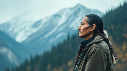 A Native American on a mountain background,  Thanksgiving, Native American Day