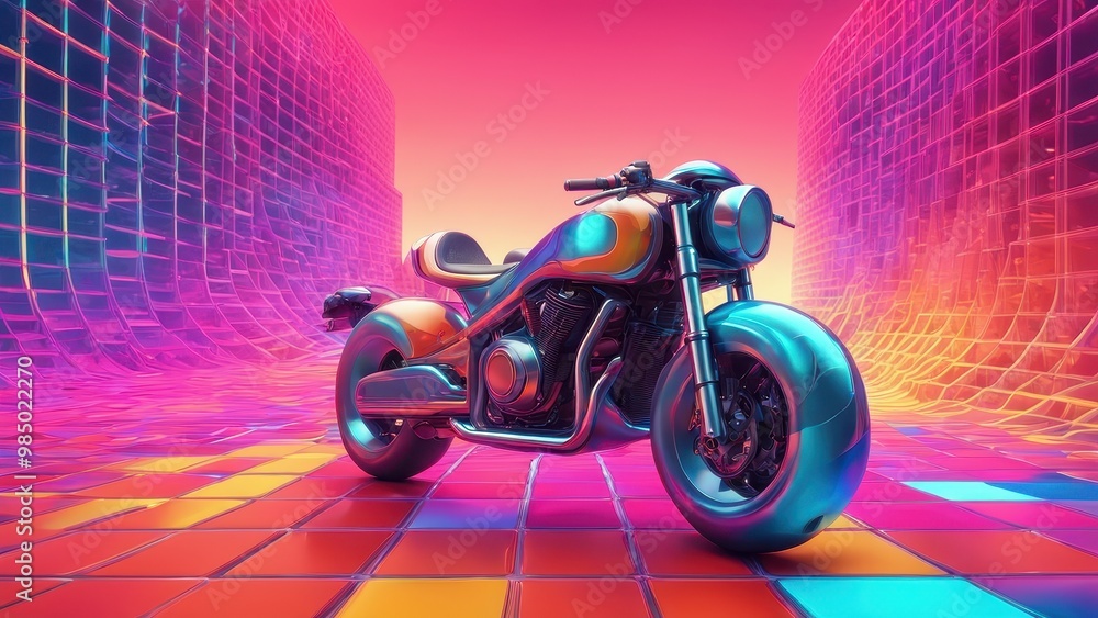 Poster a vibrant motorcycle set in a colorful, futuristic environment with abstract patterns and glowing el
