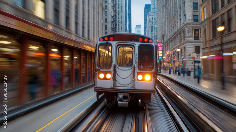 Poster A train traveling down a track in the city of chicago, AI