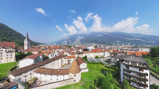 360 degrees seamless loopable aerial panorama of Chur (Coire) old town and vineyards, Graubunden, Switzerland.