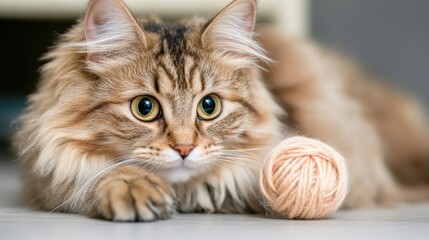 Fototapeta premium A cat laying on the floor next to a ball of yarn, AI