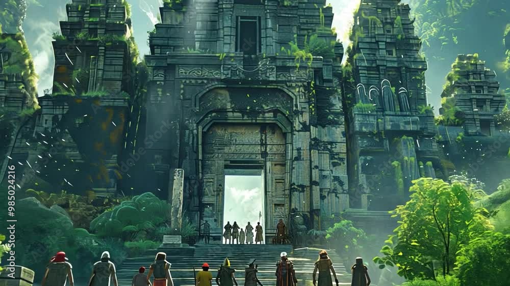 Poster Explorers stand before an ancient temple, partially overgrown by vibrant foliage. The dawn light filters through a canopy of trees, creating an enchanting atmosphere.