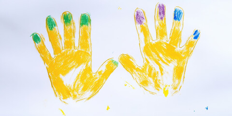 A child's drawing of two yellow hands with long fingers and  painted nails on white paper.