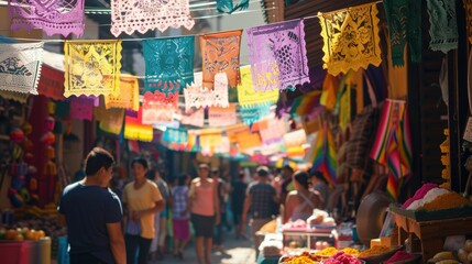 Naklejka premium Colorful Mexican Street Festival with Papel Picado and Vibrant Market Stalls