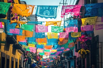 Fototapeta premium Vibrant Street Festival with Colorful Papel Picado Banners Swaying in the Wind