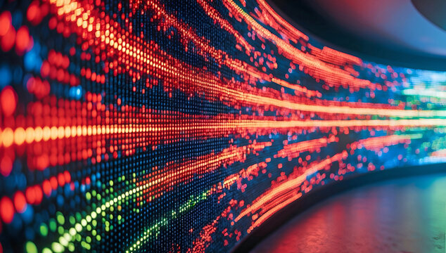 Curved LED Wall with Bright Red and Green Pixel Patterns Creating a Stunning Light Flow Effect