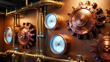 Steampunk Machinery Featuring Copper Gauges, Brass Pipes, and Intricate Gears with Warm Golden Lighting and Glowing Bokeh Effects