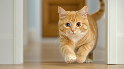 A cat walking through a doorway with its front paws on the floor, AI