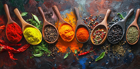 A colorful array of spices displayed in wooden spoons on a textured background