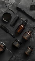 Flat Lay of Premium Men's Grooming Products on Matte Black Surface - Perfect for Modern Minimalist Design