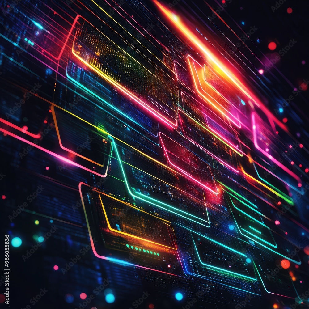 Wall mural abstract digital background with glowing neon lines and rectangles.