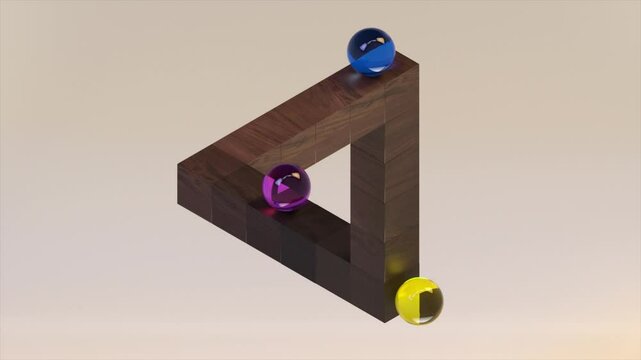 A wooden 3D geometric shape creating an optical illusion, featuring vibrant glass spheres in blue, purple, and yellow, set against a neutral background.