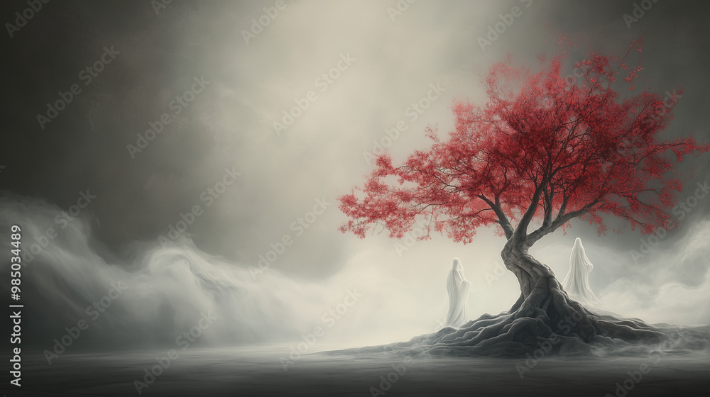 Wall mural red tree with ghostly figures in mist, journey to the afterlife