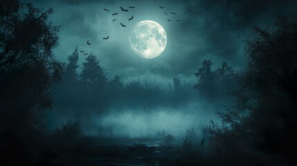 Chilling halloween full moon scary bats and ghostly fog for dark atmosphere picture