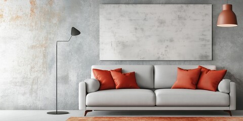Contemporary living room featuring a light grey couch with red throw pillows, abstract wall art, and a sleek floor lamp