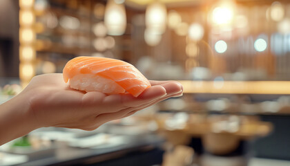 Obraz premium Delicate sushi served on a hand in a cozy Japanese restaurant during a vibrant evening setting