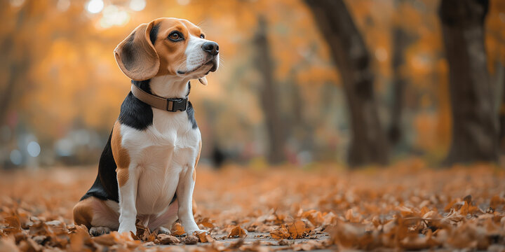 Cute beagle dog sitting in autumn park, banner with copy space