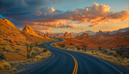 Valley of Fire, Sunset, Road in a desert, Nevada, Desert 
