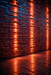 Fototapeta premium A weathered brick wall under vibrant Red and Yellow lighting during a sunset, creating a warm yet moody background., deep teal and light grey color scheme, volumetric lighting,dimensional 3D illuminat