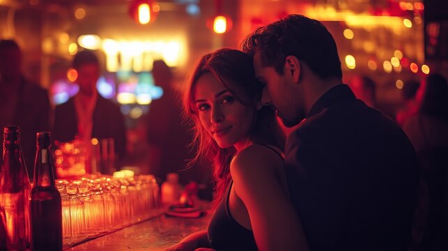 Couple Embracing at Nightclub Bar, Red Lighting, Intimate Setting, Warm Atmosphere, Diverse Models Perfect for Romancethemed Advertising