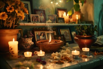 Home Altar with Copal Resin, Candles, and Family Photos for Warmth and Spirituality
