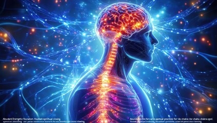 A futuristic illustration of the vagus nerve highlighted in blue, surrounded by electrical impulses and brain waves, symbolizing stimulation and neural connection enhancement