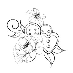 Buttons, sewing tool compositions with romantic flowers, rose and peony, vintage springtime flower for design, logo, postcard. Graphic vector line, hand drawn, black silhouette. Elegance retro