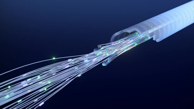 A close-up of glowing fiber optic cables in a dark setting, representing advanced high-speed data transmission technology with illuminated strands.