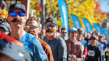 Charity Marathon Crowd with Movember Mustaches at Colorful Fall Event, Ideal for Posters and Promotions