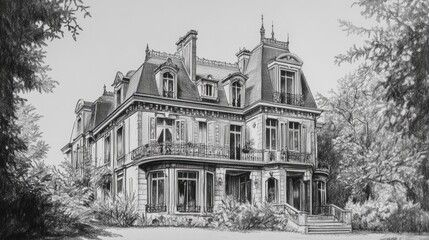 An old, elegant, stone manor house with a grand entrance, multiple windows, and a slate roof.