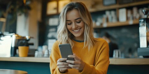 A Smiling Barista Checking Her Phone