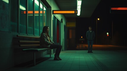 Late Night Bus Station Scene with Woman Sitting on Bench and Man Standing in the Background for Urban Concept and Print Design