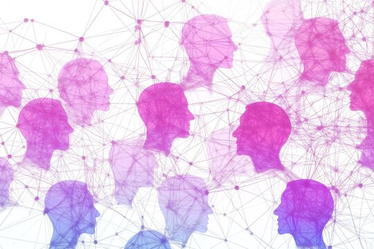 Illustration of interconnected heads with speech bubbles, symbolizing groupthink and propaganda in a networked design