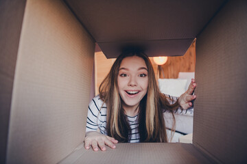 Portrait of nice young girl look inside carton box wear pullover modern loft interior flat indoors