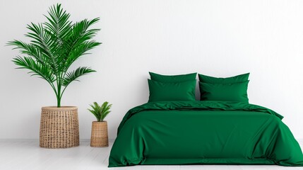 Cozy Green Bedding with Indoor Plants in Minimal Room