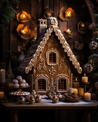 A festive setup featuring a beautifully decorated gingerbread house surrounded by assorted treats and warm candlelight, creating a cozy winter atmosphere