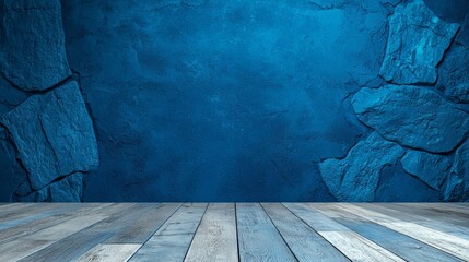 Blue Stone Wall with Wooden Floor Background
