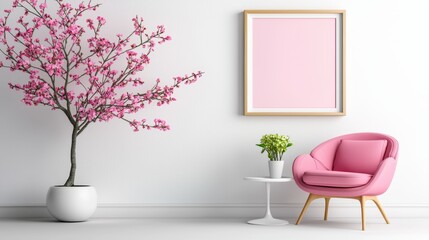 Pink Chair and Blossoming Tree in Stylish Interior