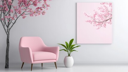 Modern Living Room with Pink Decor and Cherry Blossom Art